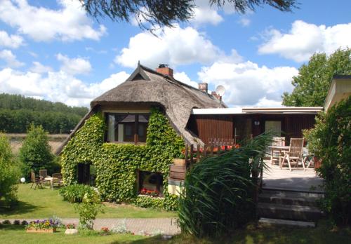 ein Haus mit einem Strohdach und einer Terrasse in der Unterkunft Ferienappartements unterm Reetdach mit Seeblick in Sandort