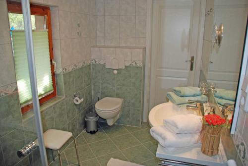 a bathroom with a toilet and a sink and a shower at Ferienappartements unterm Reetdach in Sandort