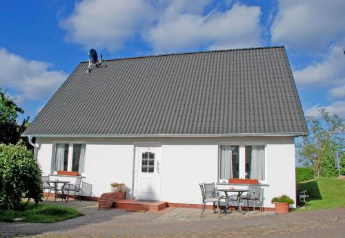 ミデルハーゲンにあるFerienwohnungen im Haus am Deichの屋根に鳥が座る白い家