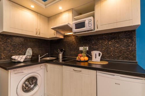 a kitchen with a washing machine and a microwave at Residence Vaclavska in Prague