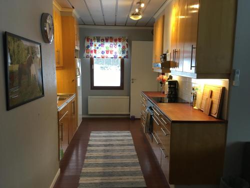 a kitchen with wooden cabinets and a window and a counter at Utsikten in Borlänge