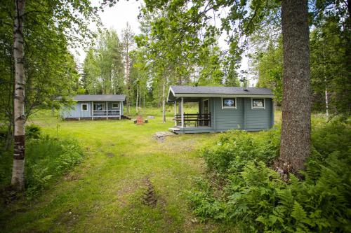 a green cabin in the middle of a forest at Kuus-Hukkala in Harkala