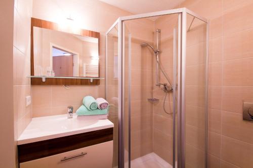 a bathroom with a shower and a sink at Pension "Zum Raubritter" in Langquaid