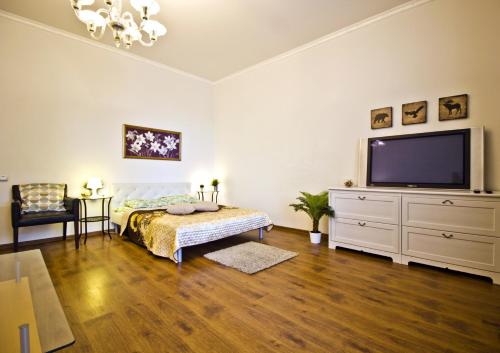 a bedroom with a large television and a bed at Lakshmi Apartment Tverskaya 4 in Moscow