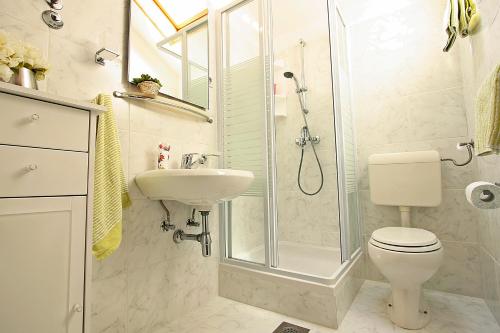 Un baño con ducha, inodoro y lavabo. en Supetar Apartment City Center, en Supetar