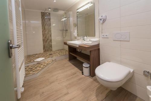 a bathroom with a toilet and a sink and a shower at Landgut Stemmen in Stemmen