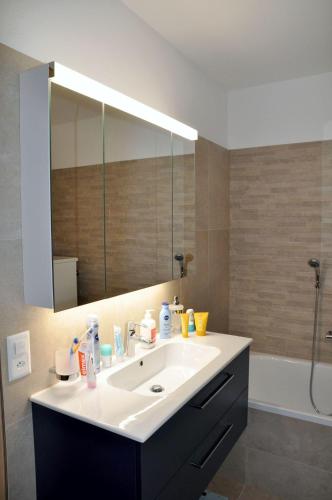 a bathroom with a sink and a large mirror at Chasa Miramunt 7 in Scuol