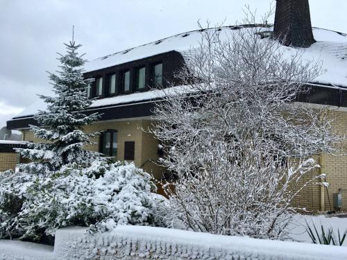 a house covered in snow with a pine tree at Landhotel Hubertus in Unterelsbach