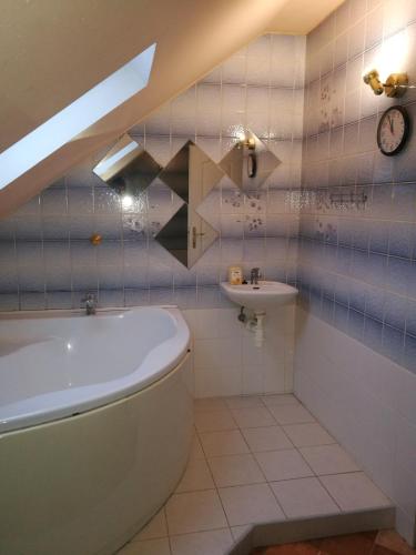 a bathroom with a bath tub and a sink at Penzion u Krtka in Kraslice