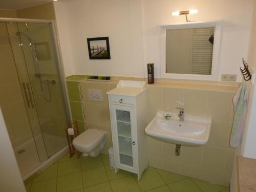 a bathroom with a sink and a toilet and a shower at Ferienwohnung Hohaus Dresden in Dresden