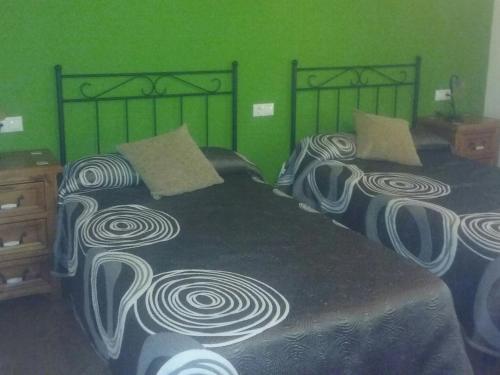 two beds in a bedroom with green walls at Casa rural Lakoizketa in Legasa