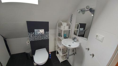 Un baño pequeño con inodoro y lavabo. en Messezimmer Laatzen APO 3, en Hannover