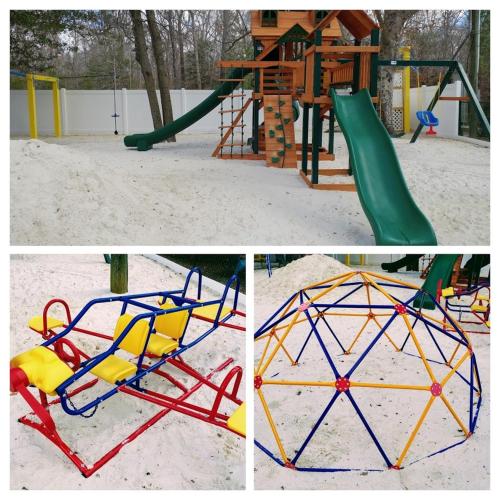 a collage of four pictures of a playground at Anvil Campground in Williamsburg