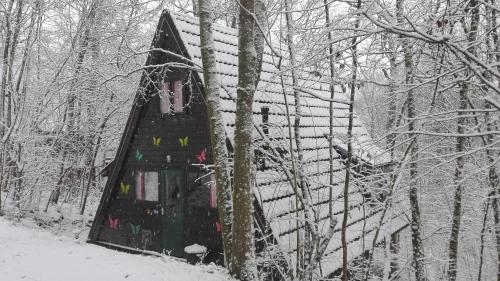 a snow covered building in the middle of a forest at Durbuy Bungalow 194, calme et nature in Durbuy