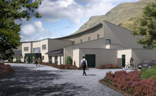 a rendering of a building with a mountain in the background at Wild Atlantic Hostel in Leenaun