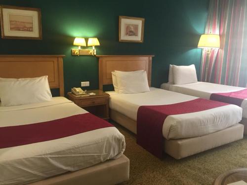 2 camas en una habitación de hotel con paredes verdes en Amarante Pyramids Hotel, en El Cairo