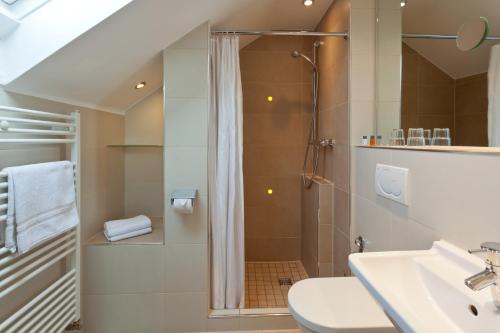 a bathroom with a shower and a sink at Iris am See garni in Radolfzell am Bodensee