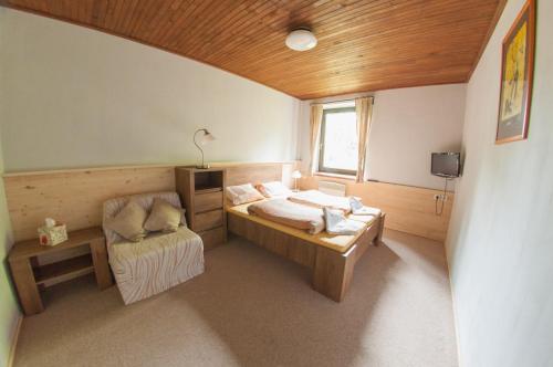ein Schlafzimmer mit einem Bett, einem Stuhl und einem Fenster in der Unterkunft Hotel Vyhlídka in Jilemnice