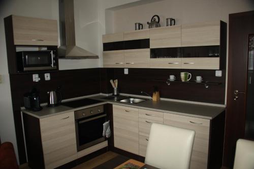a kitchen with a sink and a stove at Apártmany Velká Lomnica B4-AD1 in Veľká Lomnica