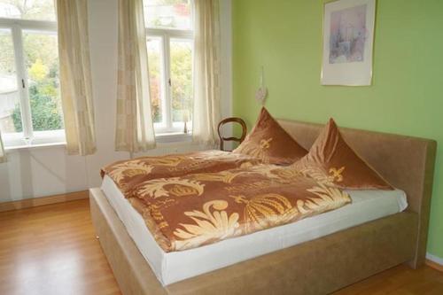 Bett in einem Zimmer mit grünen Wänden und Fenstern in der Unterkunft Ferienwohnung Schlossblick Altenburg in Altenburg