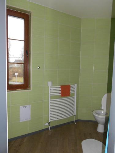 a green bathroom with a toilet and a window at Penzion V Zatáčce in Plzeň