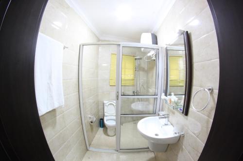 ein Bad mit einer Dusche, einem WC und einem Waschbecken in der Unterkunft Celia's Suites in Abeokuta