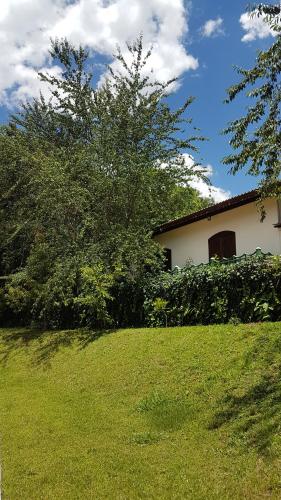 une maison blanche avec un arbre et une cour gazonnée dans l'établissement Ninho dos Pássaros Chalés, à Monte Verde