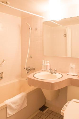 a bathroom with a sink and a tub and a mirror at Fukuno Town Hotel A・Mieux in Nanto