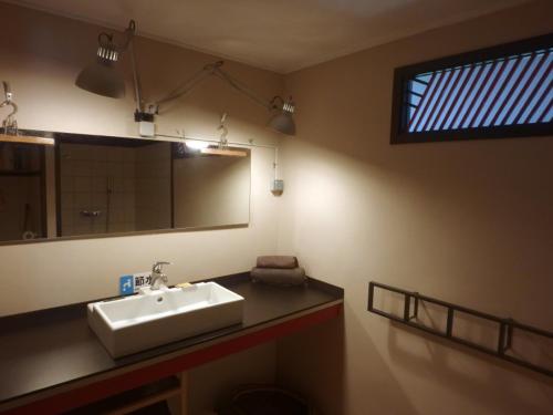 La salle de bains est pourvue d'un lavabo et d'un miroir. dans l'établissement JUSTMOOREA Location Haapiti, à Haapiti
