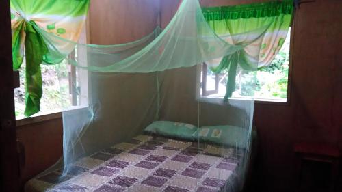 a corner of a room with a curtain and two windows at Batad Lhorens Inn and Restaurant in Banaue