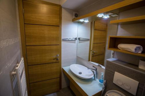 a small bathroom with a sink and a shower at VIP Apartments in Sarajevo
