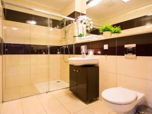 コウォブジェクにあるVacationClub - Olympic Park Apartment A301のバスルーム(トイレ、洗面台、シャワー付)