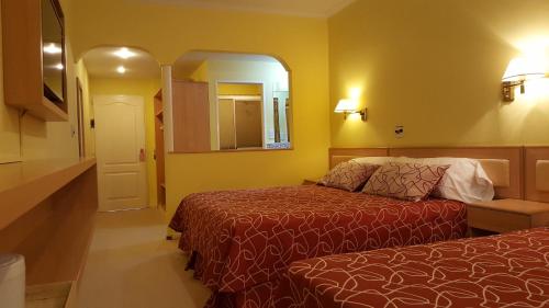 a hotel room with two beds and a mirror at Hotel Colonos in Las Grutas