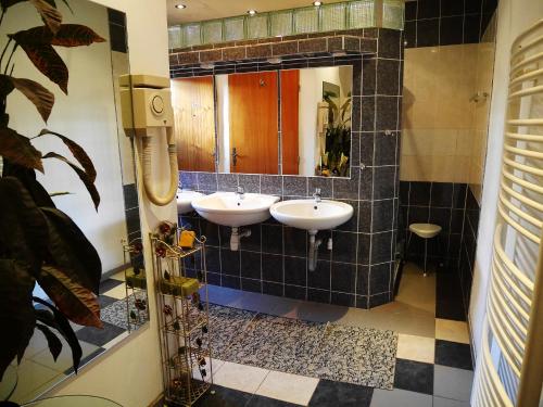 La salle de bains est pourvue de 2 lavabos et d'un miroir. dans l'établissement Pension Lada, à Karlovy Vary