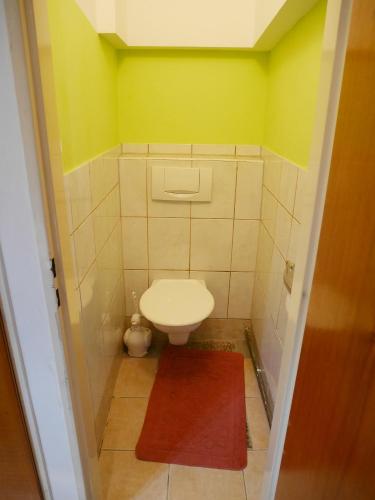 a small bathroom with a toilet and a red rug at Pension Lada in Karlovy Vary