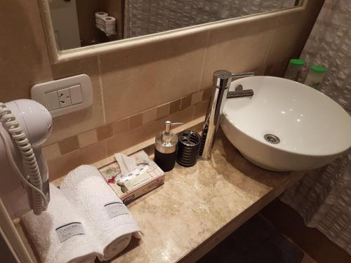 a bathroom counter with a sink and a mirror at Apartamento Reyes Catolicos in Salta