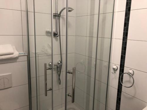 a shower with a glass door in a bathroom at Hotel Gambrinus Dutenhofen in Wetzlar