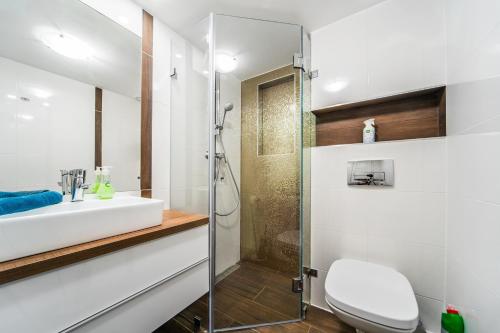 ブダペストにあるRákóczi Stylish Entire Apartmentのバスルーム(シンク、シャワー付)