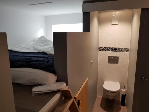 uma pequena casa de banho com uma cama e um WC em Gites Spa Strasbourg - L'annexe em Furdenheim