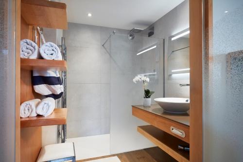 uma casa de banho com um lavatório e um chuveiro em Hotel Spa Restaurant Domaine du Moulin em Ensisheim