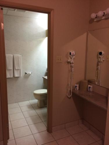 een badkamer met een toilet en een glazen douche bij Coastal Inn Sackville in Sackville