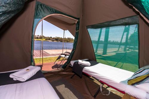 a tent with a bed and a view of the water at Cockatoo Island Accommodation in Sydney