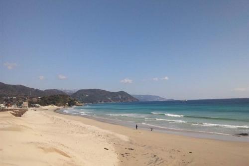 uma praia com pessoas andando na areia e no oceano em Guest House Ishitatu em Shimoda