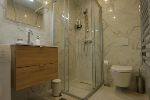 une salle de bain avec une douche avec des toilettes et un lavabo dans l'établissement Delaup Sea Cannes, à Cannes