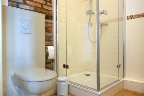 a bathroom with a toilet and a glass shower at Apartmentpension am Stadtschloss in Potsdam
