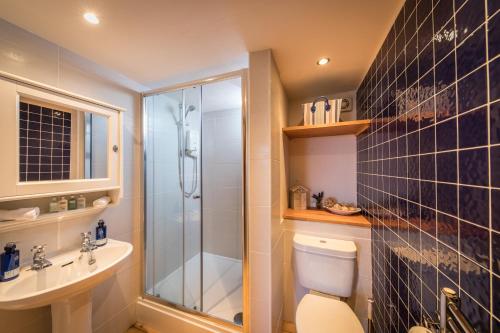 a bathroom with a shower and a toilet and a sink at The Lodge in Staffin