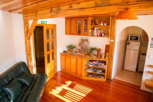 ein Wohnzimmer mit einem Sofa und einem Kühlschrank in der Unterkunft Tourist Farm Pri Martinovih in Krška Vas