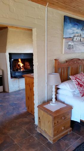 a bedroom with a bed and a fireplace at Middelfontein Farm in Sutherland