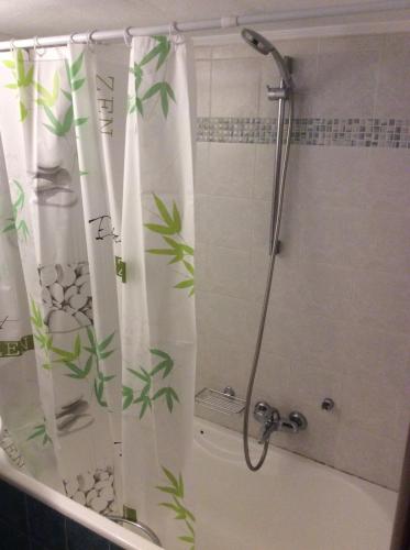 a shower curtain with a green plant design in a bathroom at Modern Basement Apartment Gio Ii in Zakynthos Town
