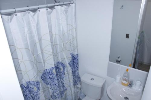 a bathroom with a white shower curtain and a toilet at Serena frente al Mar in Coquimbo